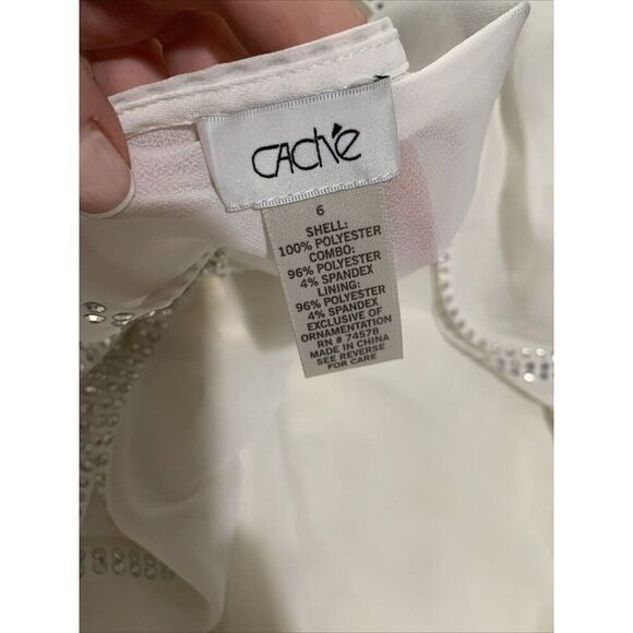 Cache New Vintage White Long Sleeve Silver Rhinestone Knee Length Dress 6 Small - Picture 3 of 5